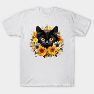 Cute Black Cat with Flowers T-Shirt